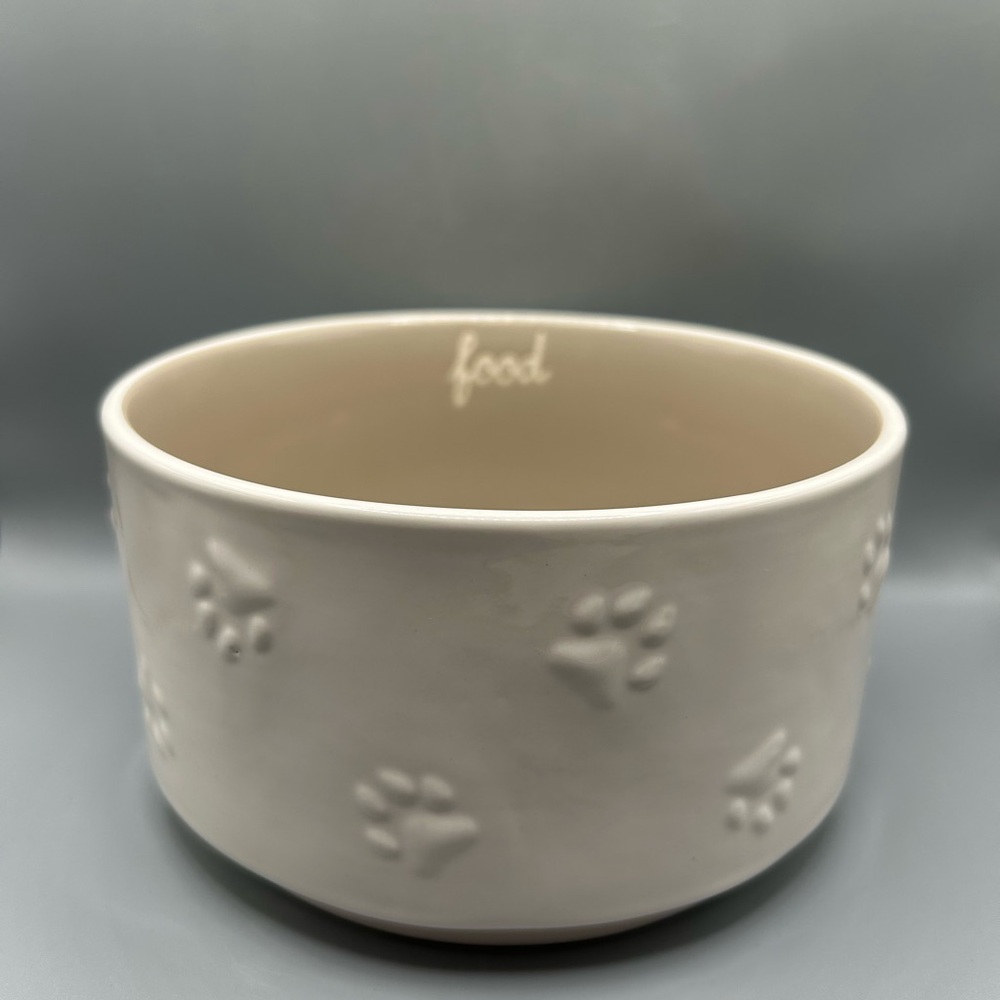 Rae Dunn FOOD Pet Dog Bowl With Paw Prints And Tan Details Classic Farmhouse NEW